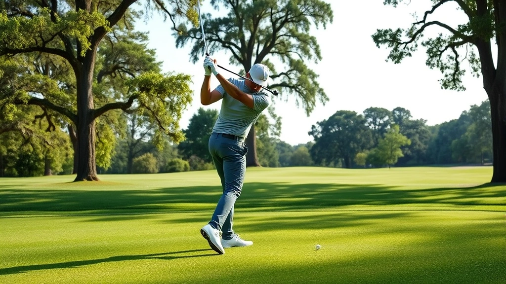 Golfer practicing advanced swing technique on lush green fairway with mature trees framing hole, concentrated body language, professional stance and follow-through