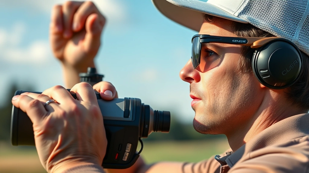 Close-up of golfer analyzing shot with rangefinder, studying fairway angles and hazard placement before club selection, focused concentration expression