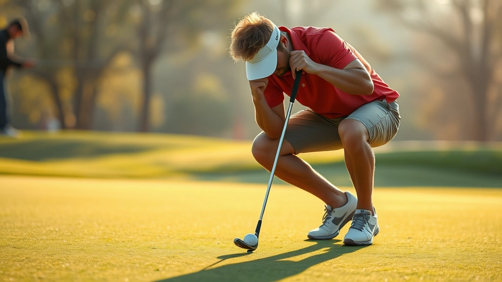 Golfer intensely focused on putting green practice, bent posture over ball, championship-quality grass, morning light, serious concentration expression, practicing short game