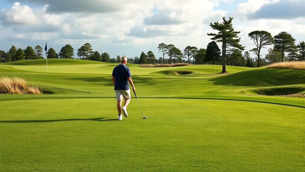 Golfer walking through manicured fairway examining ground conditions and wind effects, observing flag movement and tree positioning for weather assessment