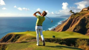 Golfer mid-swing on dramatic hillside golf course with ocean view, trade winds affecting hair and clothing, professional stance and form, Hawaii tropical setting