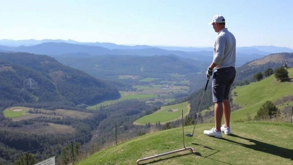 Golfer standing on elevated tee box overlooking valley with strategic hazards below, wind indicators visible, concentrated pre-shot routine, scenic landscape and clear sky