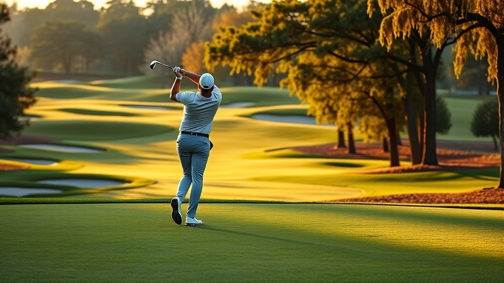 Professional golfer mid-swing on a well-manicured fairway with natural elevation changes and scattered bunkers visible, golden hour lighting, trees framing the shot