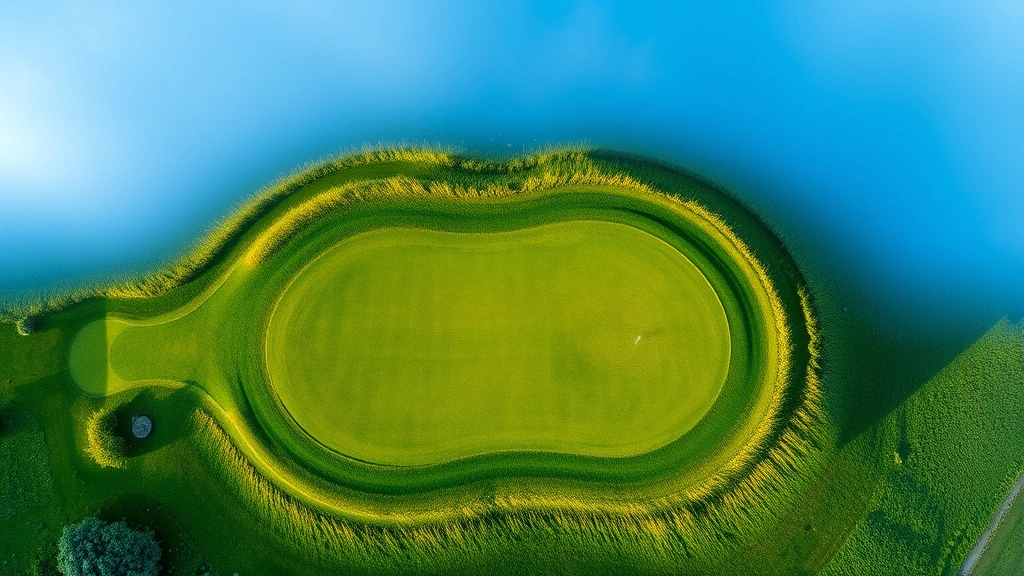 Overhead view of a pristine golf green with natural contours, surrounding rough and fairway, blue sky with light clouds, no text or markers visible