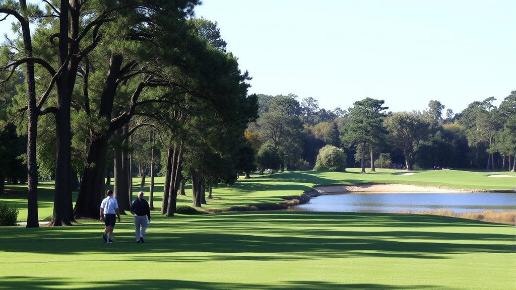 Golfers walking on a tree-lined fairway approaching a water hazard hole, natural landscape features, peaceful recreational setting, clear visibility of course routing