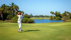 Golfer mid-swing on lush fairway with water hazard and mangrove trees in background, natural daylight, professional golfer in proper form, realistic coastal landscape setting