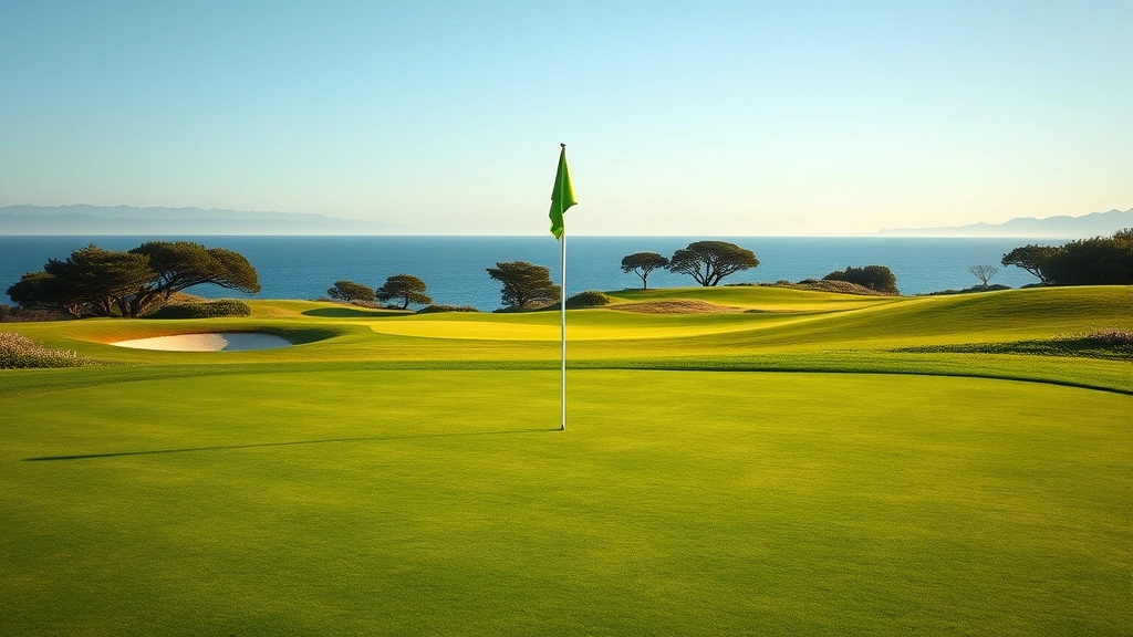 Well-maintained golf green with flag stick, manicured fairways, bunkers visible in distance, coastal scenery with trees, empty course during morning light, photorealistic maintenance excellence