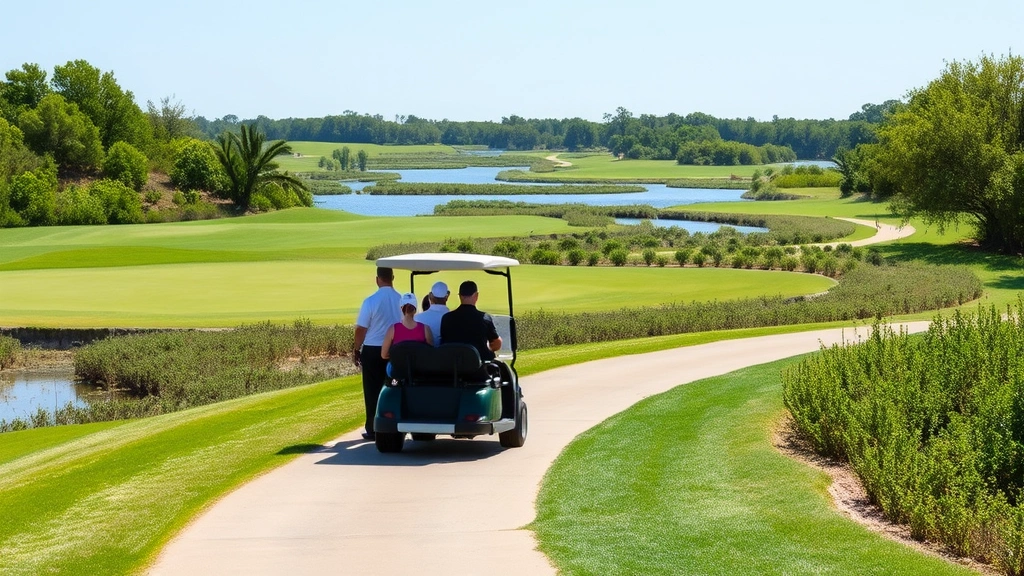 Golfers walking cart on scenic golf course path, natural landscape with water features, mangrove vegetation, clear sky, group enjoying round together, authentic golf experience