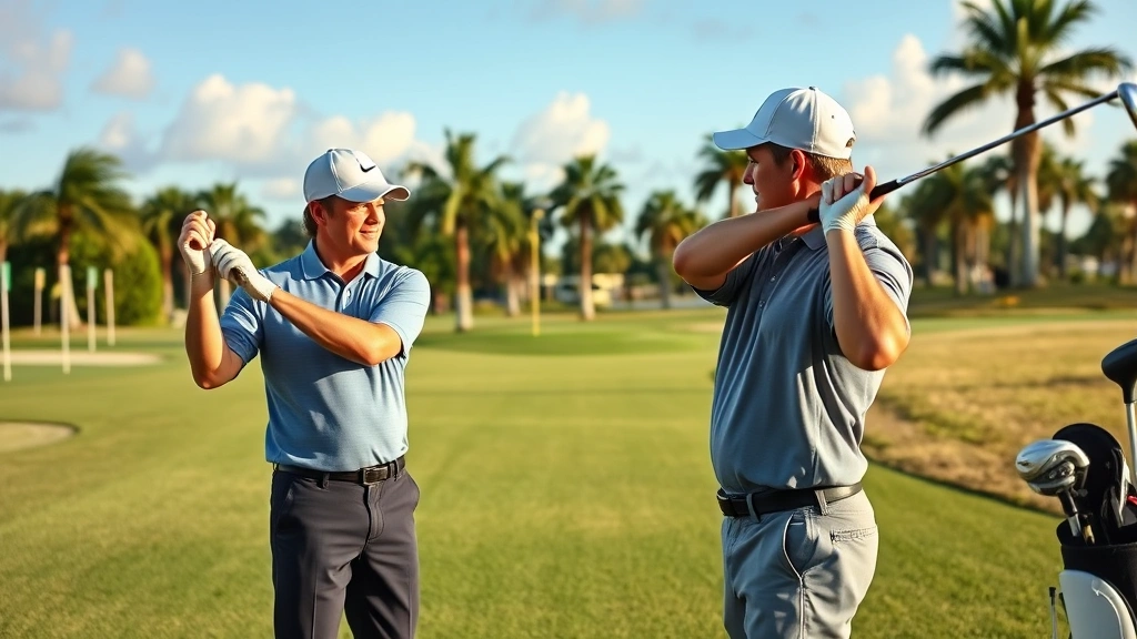 Professional golf coach instructing student on proper swing mechanics at outdoor driving range with palm trees in background, demonstrating grip and stance positioning during Florida afternoon