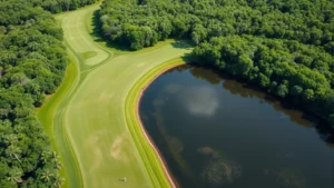 Aerial view of golf fairway winding through dense mangrove trees with brackish water hazard visible below, tropical Florida setting