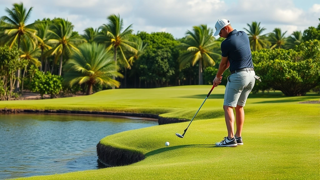 Golfer executing chip shot near water hazard on lush tropical golf course with mangrove vegetation, demonstrating short game technique with confident posture and focus
