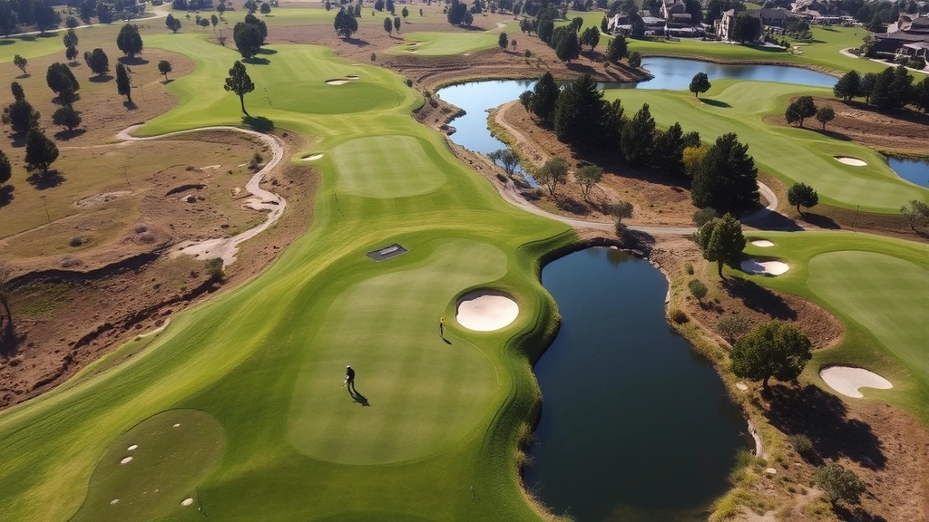 Aerial view of a golf course showing fairways, greens, bunkers and water hazards with golfers walking between holes on a sunny California day