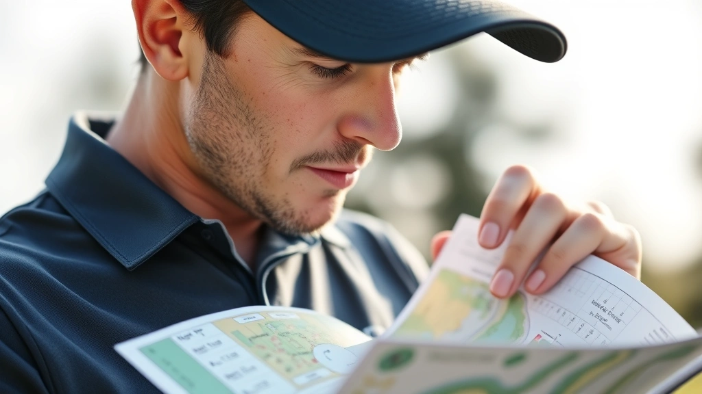 Close-up of a golfer in professional attire studying a course map and yardage guide before teeing off, concentrating on strategy