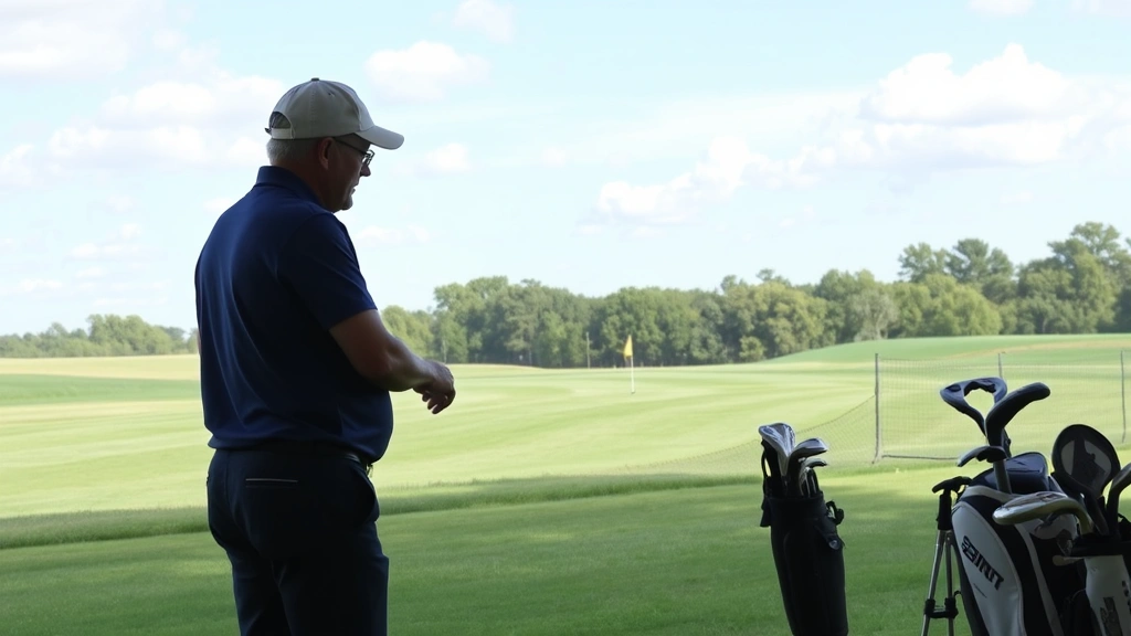 Golf coach instructing a student on the driving range, demonstrating proper stance and club selection with target flags visible in the distance
