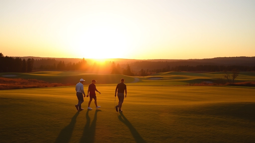 Group of golfers walking on fairway during golden hour sunset with course landscape, trees, and natural terrain visible in background