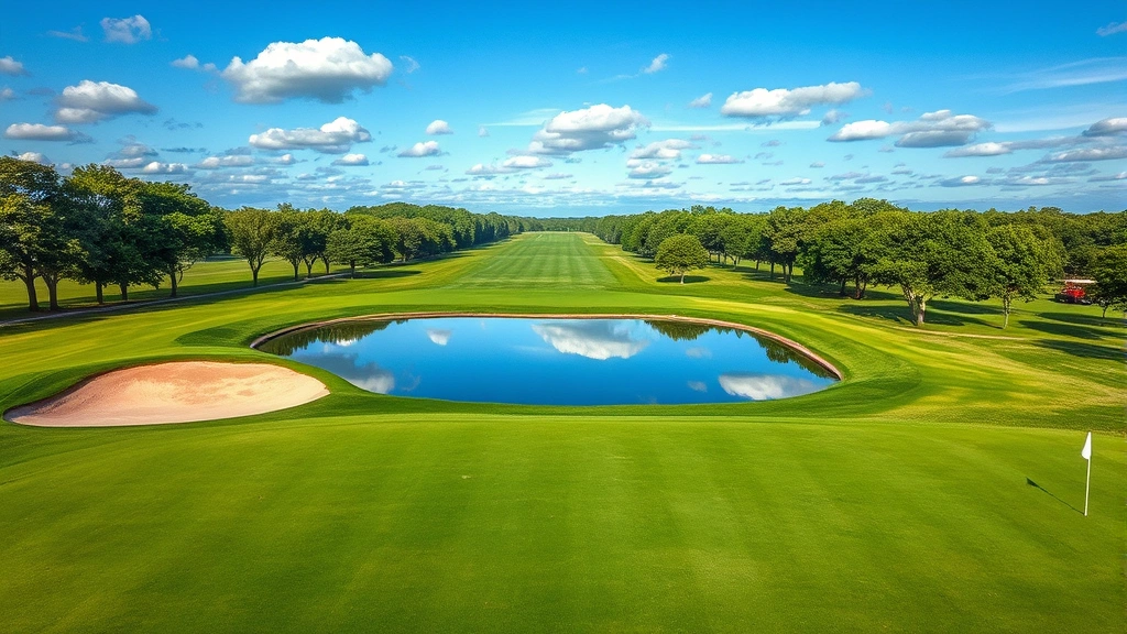 Aerial view of golf course hole featuring sand bunker, water hazard reflecting sky, tree-lined fairway creating corridor, maintenance equipment visible in distance