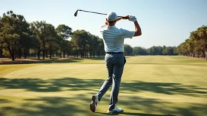 Professional golfer executing perfect backswing on sunny golf course with manicured fairway and tree-lined background, demonstrating proper posture and grip technique, realistic photography