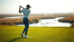 Golfer in professional stance executing perfect swing on lush fairway with water hazard visible in background, natural marsh landscape, morning light, serene expression