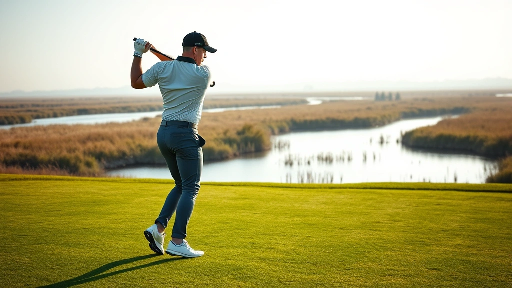 Golfer in professional stance executing perfect swing on lush fairway with water hazard visible in background, natural marsh landscape, morning light, serene expression