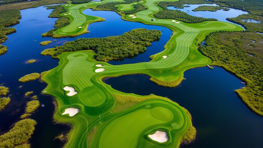 Aerial view of championship golf course showing multiple holes with water features, fairways, bunkers, and natural marsh environment, clear sky, vibrant greens