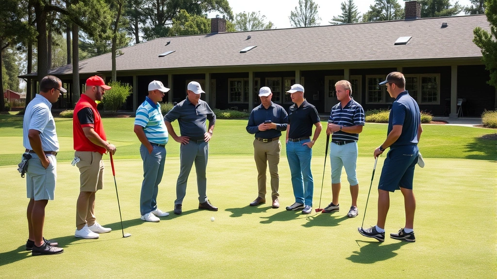 Group of diverse golfers reviewing course strategy at practice green near clubhouse, studying topography, engaged discussion, natural outdoor lighting, professional atmosphere