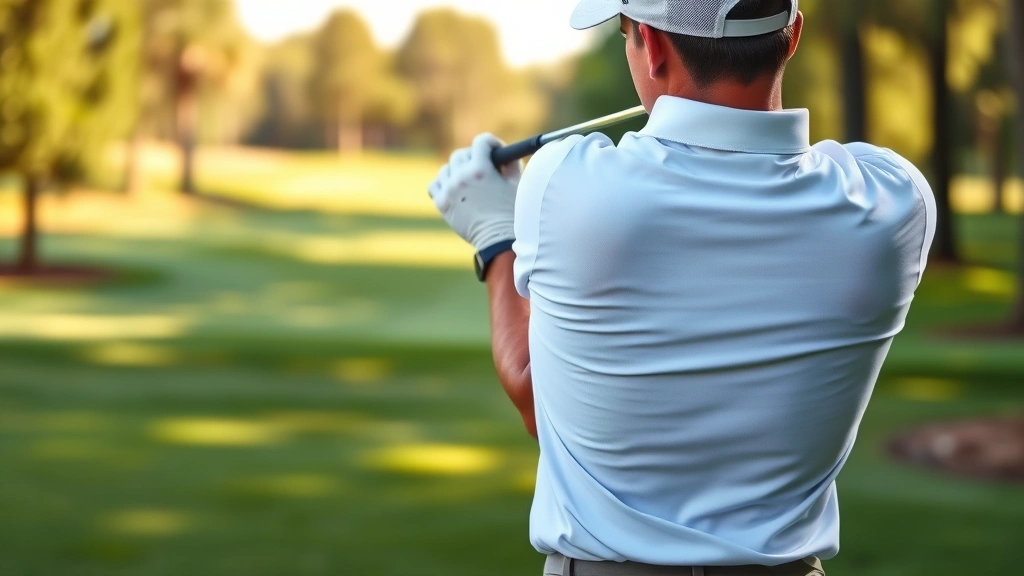 Professional golfer demonstrating proper golf swing posture and grip technique at a beautiful golf course with natural lighting, showing the complete setup position from address through the backswing sequence