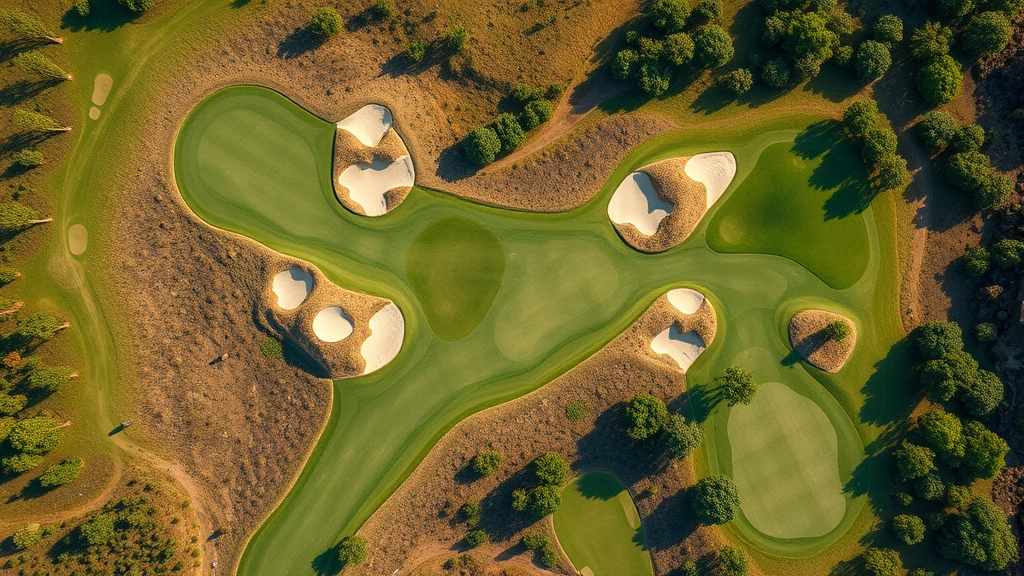 Aerial view of a scenic golf course hole featuring elevation changes, strategic bunkers, and natural landscape elements, showing fairway routing and green complex design with mature trees