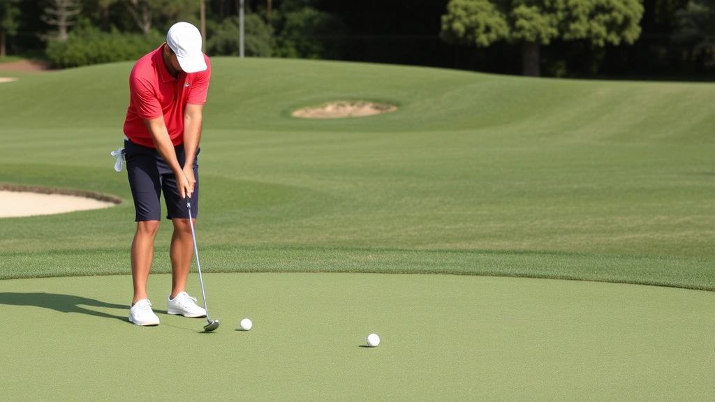 Golfer practicing short game shots on a practice green, chipping and pitching balls with focused concentration, demonstrating technique execution in realistic training environment