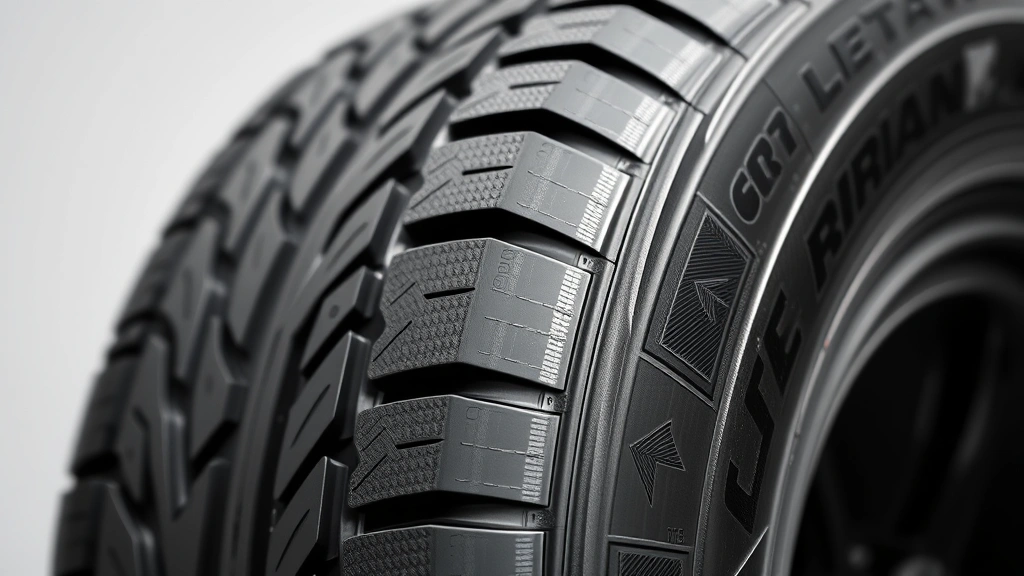 Professional tire sidewall close-up showing tread pattern and rubber compound texture, photorealistic detail of modern all-terrain tire construction with visible reinforced layers and geometric tread design