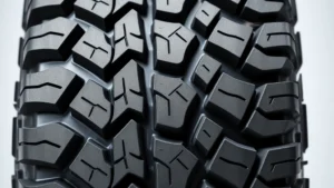 Closeup of aggressive all-terrain tire tread pattern showing large shoulder lugs and center blocks with sipes, professional studio lighting, photorealistic detail of rubber texture and tread geometry
