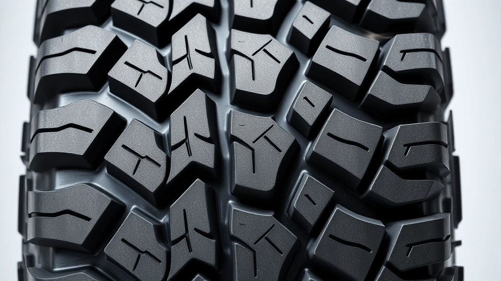 Closeup of aggressive all-terrain tire tread pattern showing large shoulder lugs and center blocks with sipes, professional studio lighting, photorealistic detail of rubber texture and tread geometry