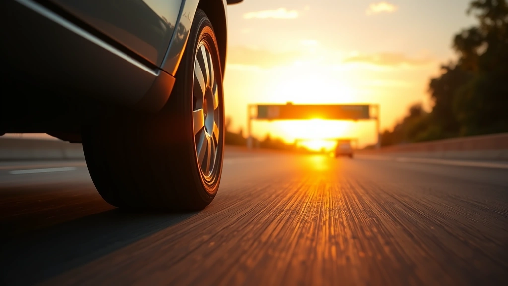 Highway driving scene at sunset showing vehicle tire contact with asphalt road surface, demonstrating on-road performance with clear road markings and natural lighting reflecting tire surface characteristics