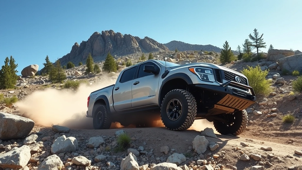 Off-road pickup truck navigating rocky mountain trail with visible dust cloud, rugged landscape with boulders and pine trees, vehicle demonstrating tire grip and articulation on uneven terrain