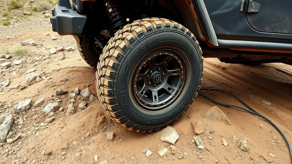 Off-road terrain with rocky ground and dirt surface showing tire traction capability, including natural landscape with varied soil types and small rocks, demonstrating all-terrain tire performance in wilderness setting