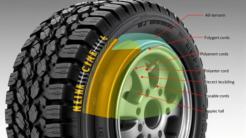 All-terrain tire cross-section technical illustration showing internal reinforcement layers, polyester cords, and sidewall construction, photorealistic cutaway view highlighting engineering details