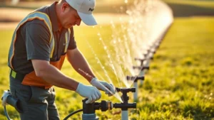 Professional golf course superintendent in uniform performing hands-on maintenance on irrigation sprinkler heads and system components in morning sunlight, realistic field setting, no text