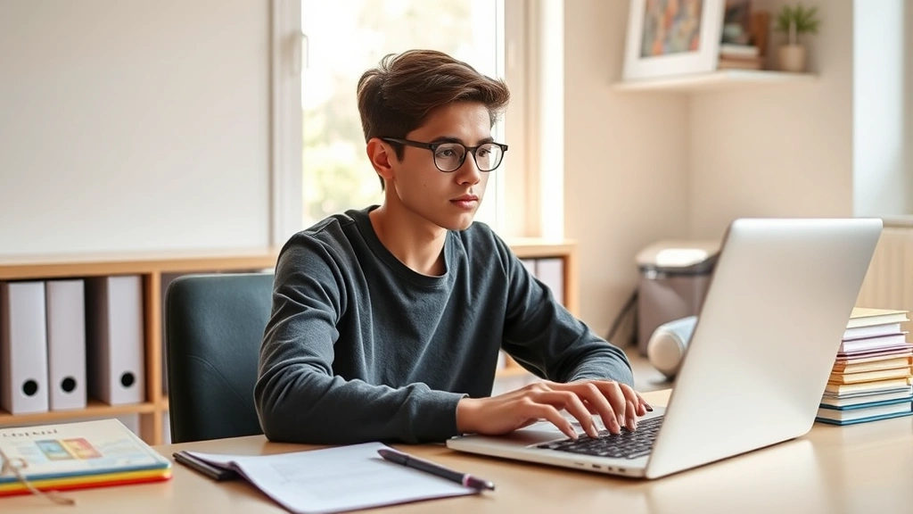 Student sitting at organized desk with laptop and notebook, focused expression, natural lighting from window, warm minimalist study space, hands on keyboard, peaceful concentration atmosphere