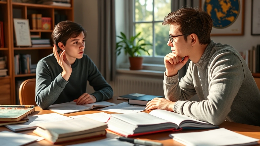 Student explaining concept aloud with hand gestures, thinking deeply, study materials spread on desk, books and notes organized, moment of understanding and insight, natural afternoon lighting