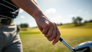 Professional golfer demonstrating proper grip on golf club during sunny day at practice range, close-up detail of hand positioning and club hold