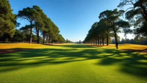 Wide fairway view with manicured grass, natural tree line framing both sides, clear blue sky, golfer in distance walking toward green, morning sunlight creating long shadows