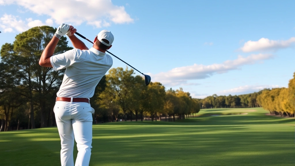 Golfer mid-swing at beautiful public golf course with trees and fairway visible, showing proper backswing mechanics and body rotation sequence