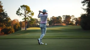 Professional golfer mid-swing on practice range with manicured fairway and trees in soft morning light, focused posture and form