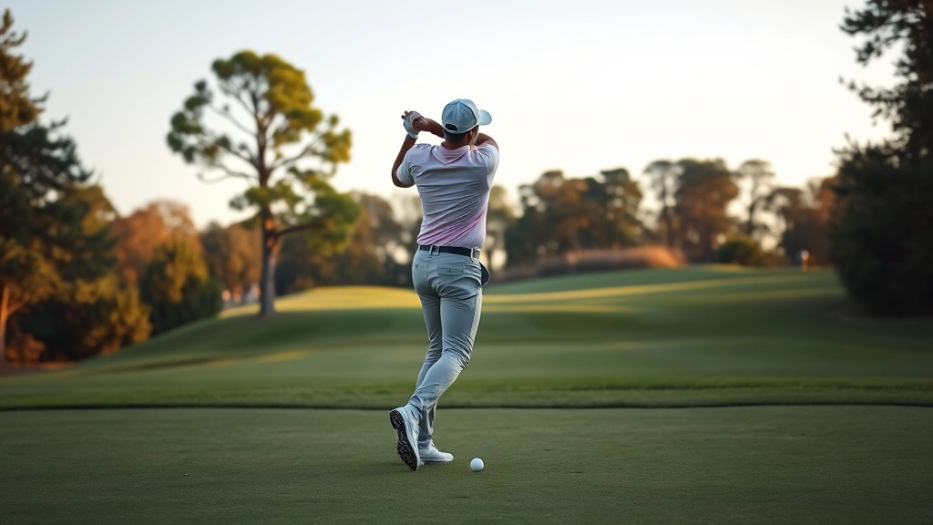 Professional golfer mid-swing on practice range with manicured fairway and trees in soft morning light, focused posture and form