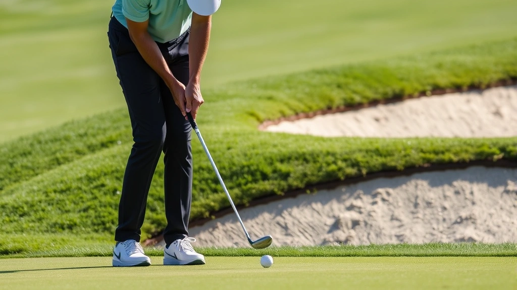 Golfer chipping near green with sand bunker visible, demonstrating short-game technique with concentration and precision