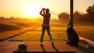 Golfer in proper stance and posture on driving range during golden hour, focused on swing mechanics, professional golf instruction setting, natural lighting, clear focus on body position and alignment
