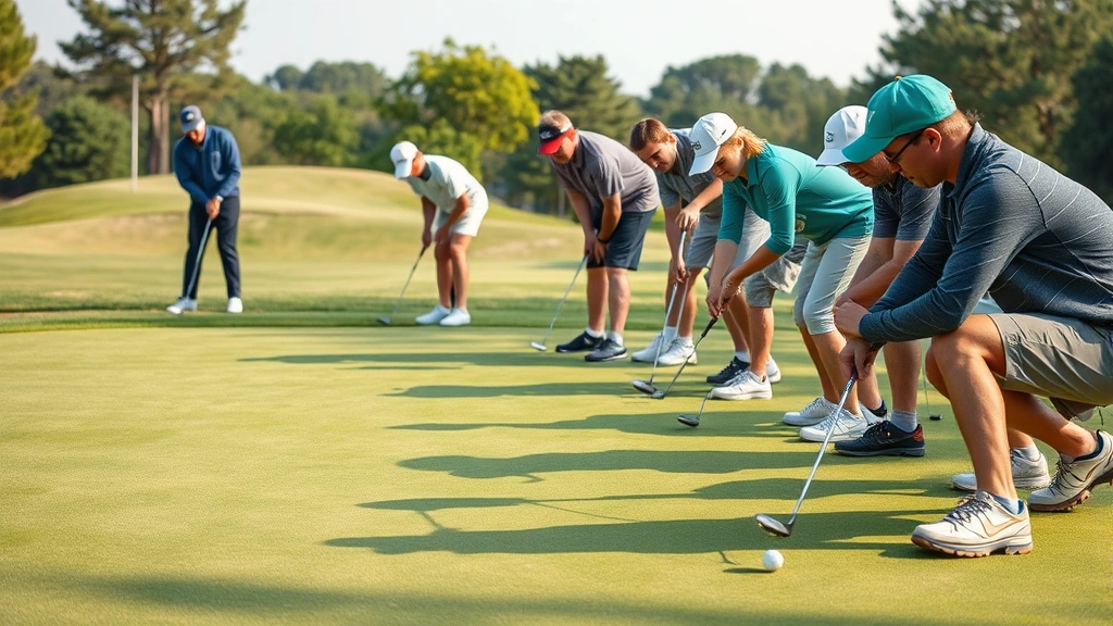 Diverse group of golfers of different ages and abilities practicing at putting green, concentrated expressions, quality greens with subtle breaks, morning or afternoon lighting, authentic learning environment