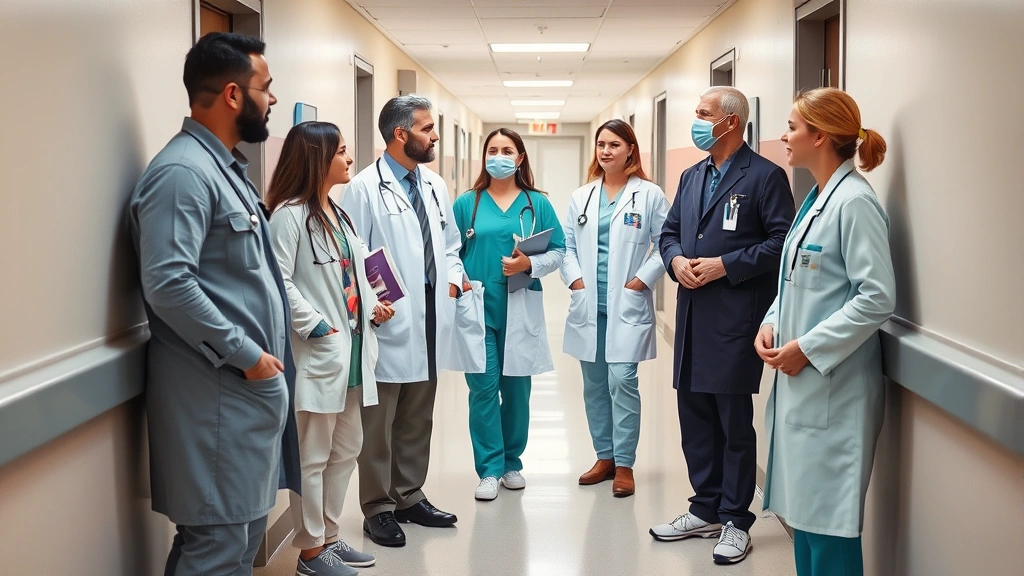 Diverse medical team in hospital corridor discussing patient care, communicating professionally, natural clinical environment