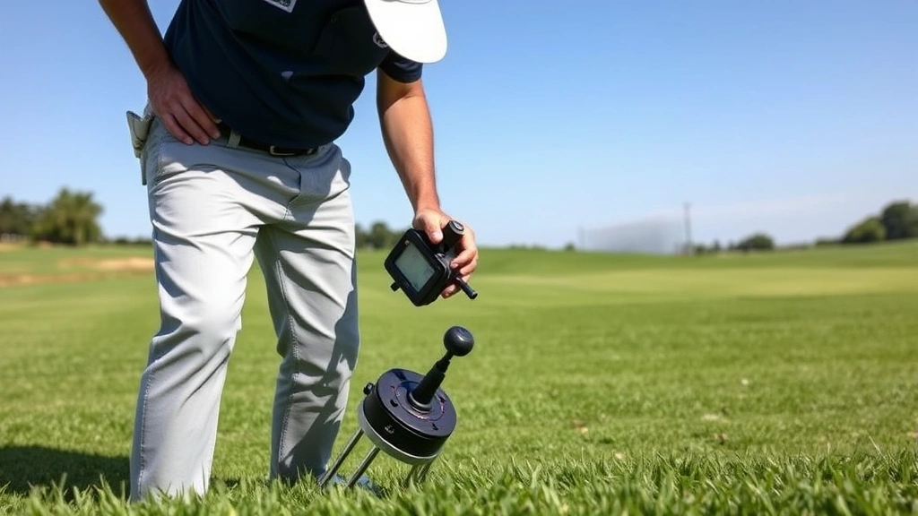Professional golf course superintendent in polo shirt examining turf grass with soil testing equipment, standing on manicured fairway with irrigation system visible, natural daylight, photorealistic