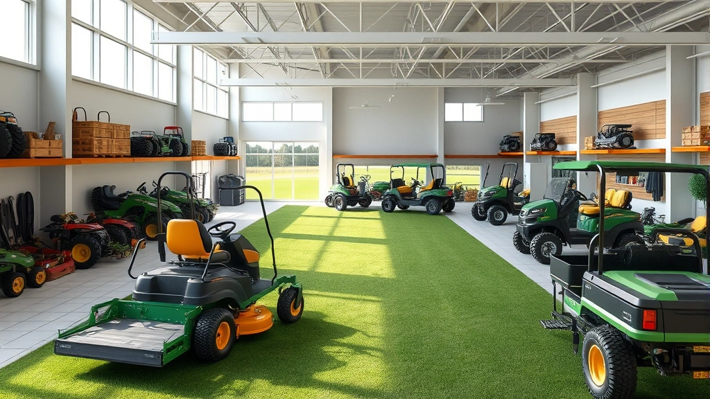 Modern golf course maintenance facility with organized equipment storage, GPS-guided mowers and utility vehicles, professional workspace, natural lighting from large windows, detailed photorealistic