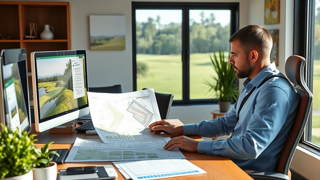 Golf course manager in office reviewing landscape design plans and sustainability reports at desk, computer screen visible, professional business environment, natural daylight from window, photorealistic